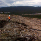 Temporary transmission line going south across the Churchill River to provide power to the Muskrat Falls construction site.  Picture is taken from the area known as the North Spur.