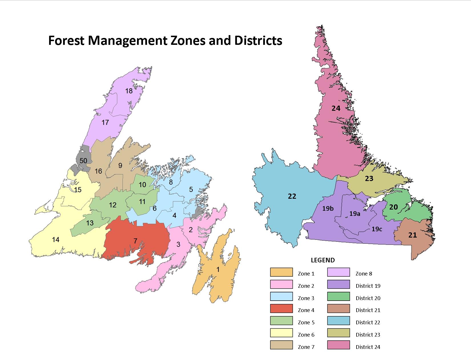Map which includes the 24 Forest Management Districts across Newfoundland and Labrador