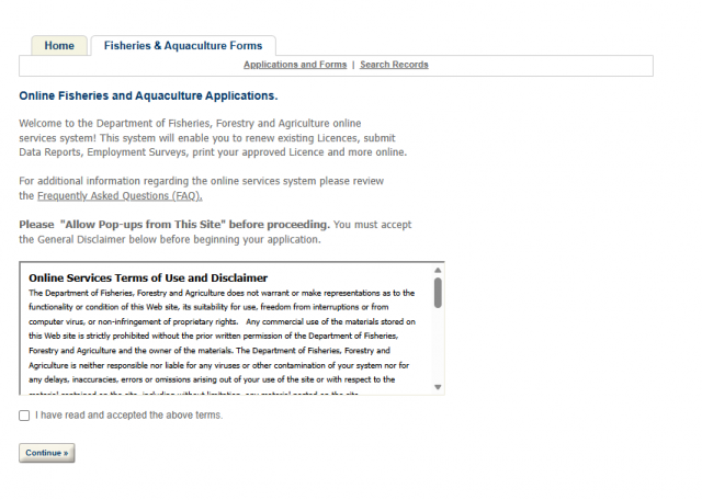 Fisheries & Aquaculture Forms tab