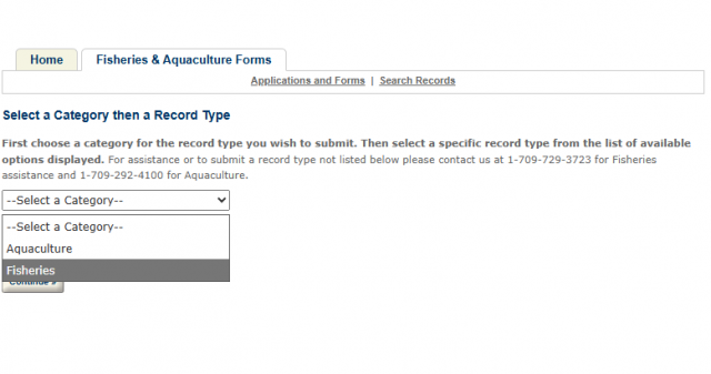 Fisheries category dropdown