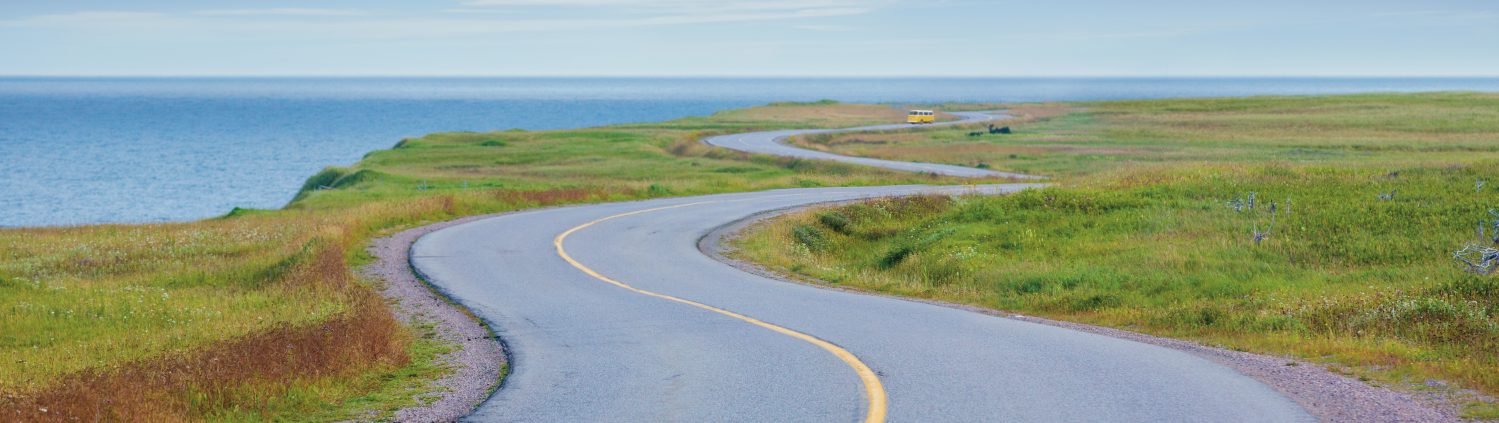 Winding road traversing scenic Newfoundland and Labrador landscape.