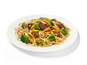 A picture of a plate of stir fry containing meat, broccoli, mushrooms and wholegrain noodles.