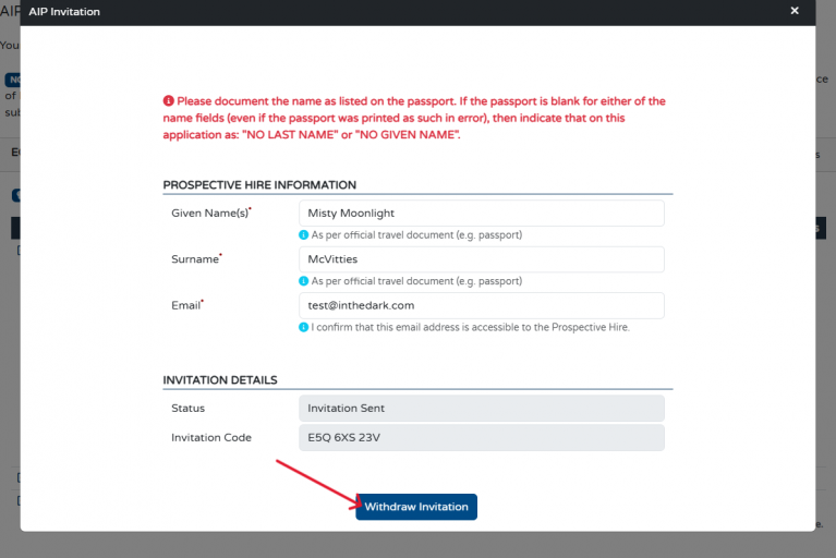 How do I withdraw an invite code sent to a prospective hire? AND am I still able to use this invite code for a new prospective hire? 