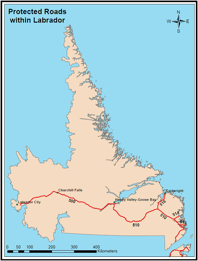 Map depicting the location and route number of the Protected Roads designated under the Urban and Rural Planning Act, 2000 for the Labrador region of the Province of Newfoundland and Labrador.