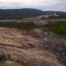Temporary transmission line going south across the Churchill River to provide power to the Muskrat Falls construction site.  Picture is taken from the area known as the North Spur.