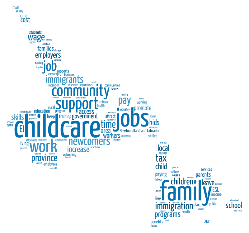 Word cloud in the shape of Newfoundland and Labrador map. Most commonly used keywords appear larger and bolder.
