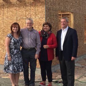 Lynn and Allan Kendall, owners of Eltoq Developments Inc., Gudie Hutchings, MP for Long Range Mountains, and the Honourable Gerry Byrne, Minister of Fisheries and Land Resources and MHA for Corner Brook, view the ongoing construction of one of six chalets underway at Appalachian Chalets and RV. (August 2018)
