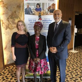 The Honourable Al Hawkins, Minister of Advanced Education, Skills and Labour, was joined at the Minister’s Roundtable on Immigration by representatives of various sectors, including Deirdre Ayre of Other Ocean Interactive (left) and Dr. Lloydetta Quaicoe of Sharing Our Cultures Inc. (centre).