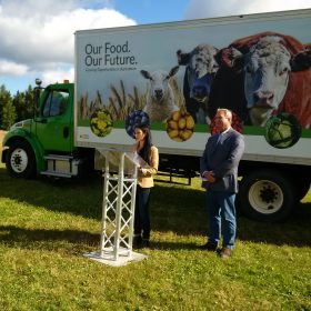 Honourable Gerry Byrne, Minister of Fisheries and Land Resources, and Sabrina Ellsworth, Manager of Agricultural Research, display the Fisheries and Land Resources Agri-Truck that will be at events throughout the province to increase public awareness of farming opportunities, and will be used to distribute vegetable transplants, propagated plant materials and tree seedlings to farmers and producers.