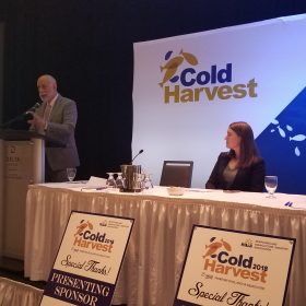 The Honourable Al Hawkins, Minister of Advanced Education, Skills and Labour, addresses the Newfoundland Aquaculture Industry Association’s Cold Harvest Conference and Trade Show in St. John’s.