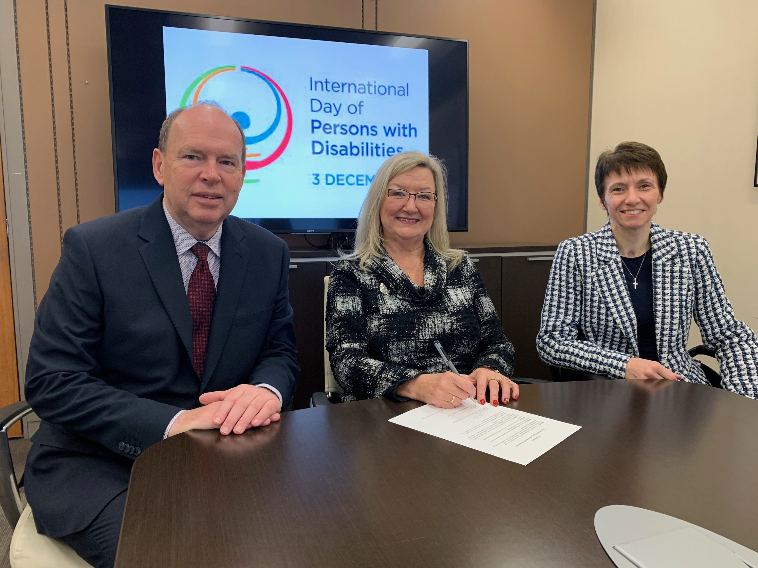 Minister Abbott with Debbie Ryan, Chair, Accessibility Standards Advisory Board, and Nancy Reid, Chair, Network of Disability Organizations Newfoundland and Labrador.