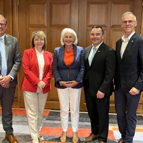 Eastern fisheries and aquaculture ministers met in Moncton this week to discuss shared issues and solutions. Ministers attending in person, from left: Hon. Zack Bell, Minister of Fisheries, Tourism, Sport and Culture, Prince Edward Island; Hon. Lisa Dempster, Minister of Fisheries, Forestry and Agriculture, Newfoundland and Labrador; Hon. Joanne Thompson, Minister of Fisheries and Oceans; Hon. Kent Smith, Minister of Fisheries and Aquaculture, Nova Scotia; and Hon. Pat Finnigan, Minister of Agriculture, Aquaculture and Fisheries, New Brunswick.