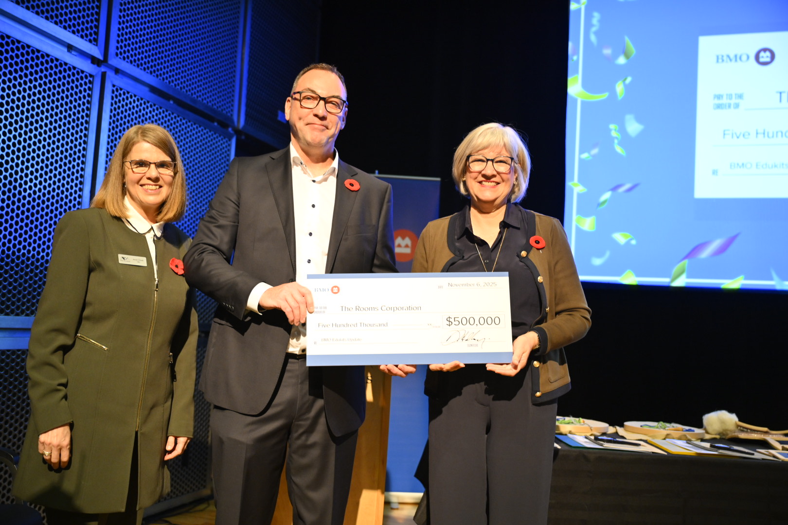 Dean Holloway, Regional Vice President, Personal Banking, Newfoundland and Labrador, BMO (centre), presents Anne Chafe, CEO of The Rooms (left), and Margaret Allan, Chair of The Rooms Board of Directors with a cheque for $500,000. BMO’s generous support will enable The Rooms to refresh three BMO Travelling Edukit programs.