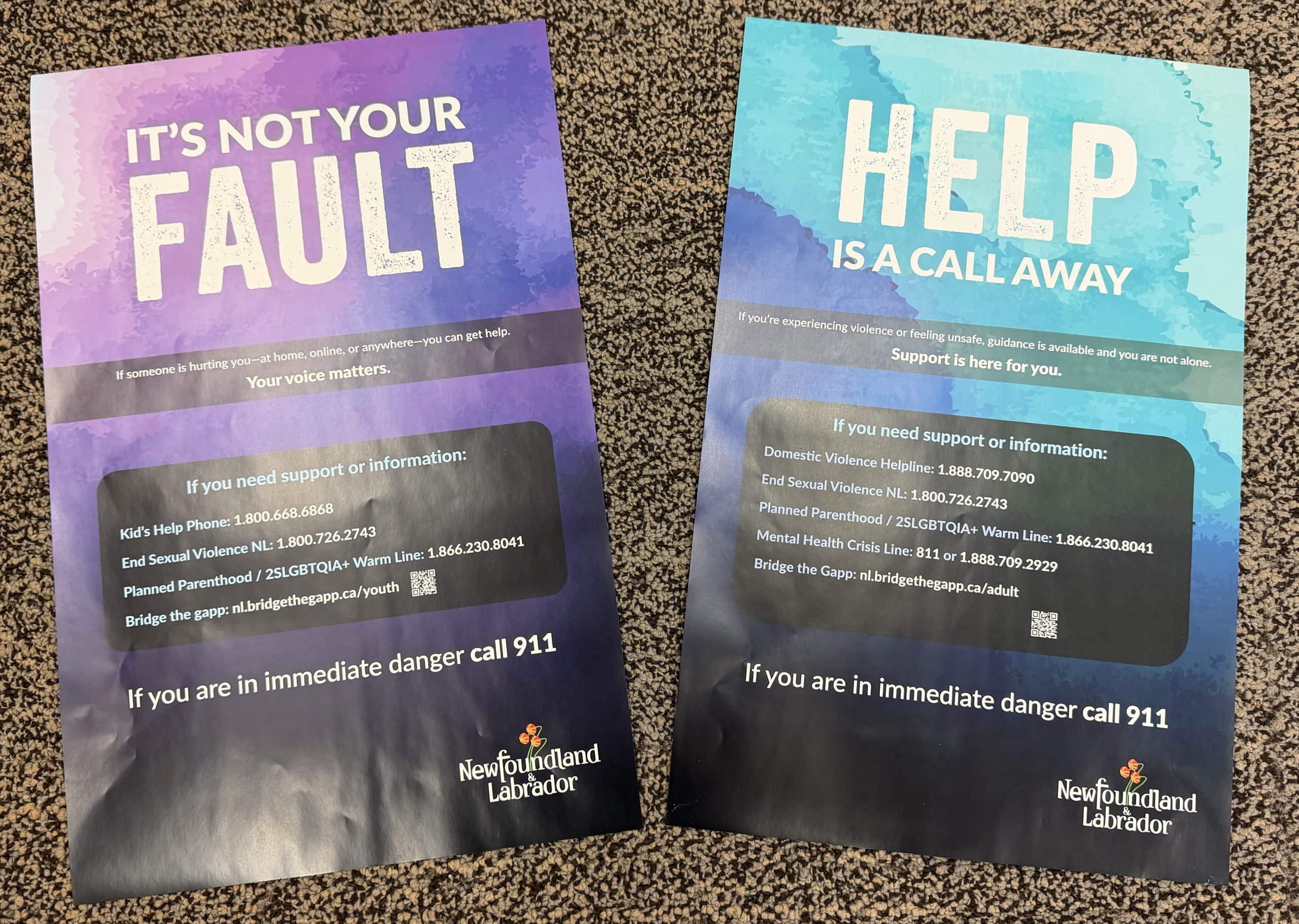 Two informational posters placed side by side on a carpet. The left poster has a purple background with the headline “It’s Not Your Fault,” and the right poster has a blue background with the headline “Help Is a Call Away.” Both include messages about support for people experiencing violence and list helplines and resources in Newfoundland and Labrador.