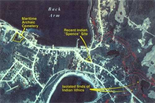 Figure 5. Aerial photograph of the central town site of Port au Choix. The ~9 m beach ridge which has strong potential for former Maritime Archaic Indian habitation is broadly outlined by the 8 and 10 m contours. Note the dense tuckamore cover in this area of town. Two of the four houses built on the ridge uncovered Maritime Archaic artifacts.