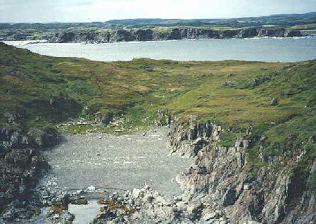 Close-up of Back Cove, looking southwest. EiAu-2 is near the trees in the far right; Granchain Island is in the background
