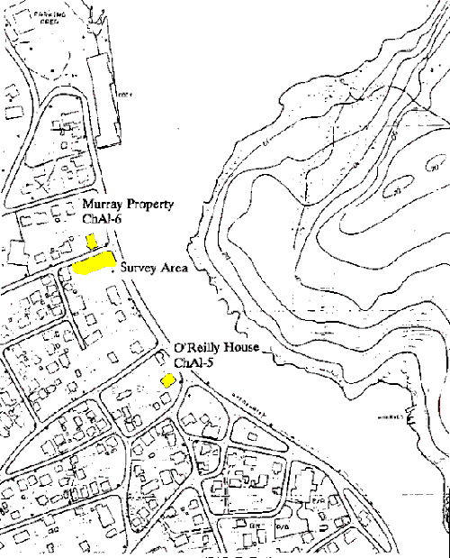 Map of the surrounding area, showing both the location of the Murray Property site (ChAl-6) and O'Reilly House (ChAl-5) in relation to the survey area.